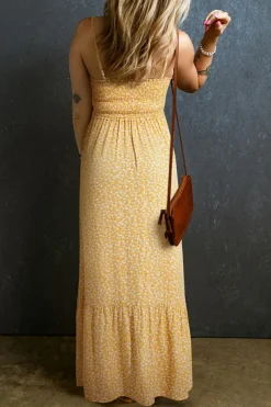 Hot Dear-Lover Frilly Smocked High Waist Floral Maxi Dress Yellow