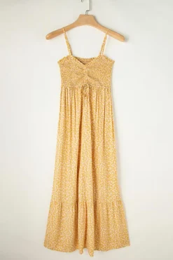 Hot Dear-Lover Frilly Smocked High Waist Floral Maxi Dress Yellow
