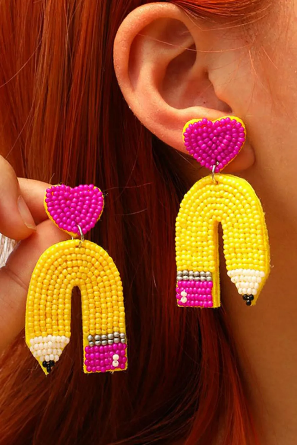 Clearance Dear-Lover Heart Shape Pencil Rice Bead Drop Earrings Yellow