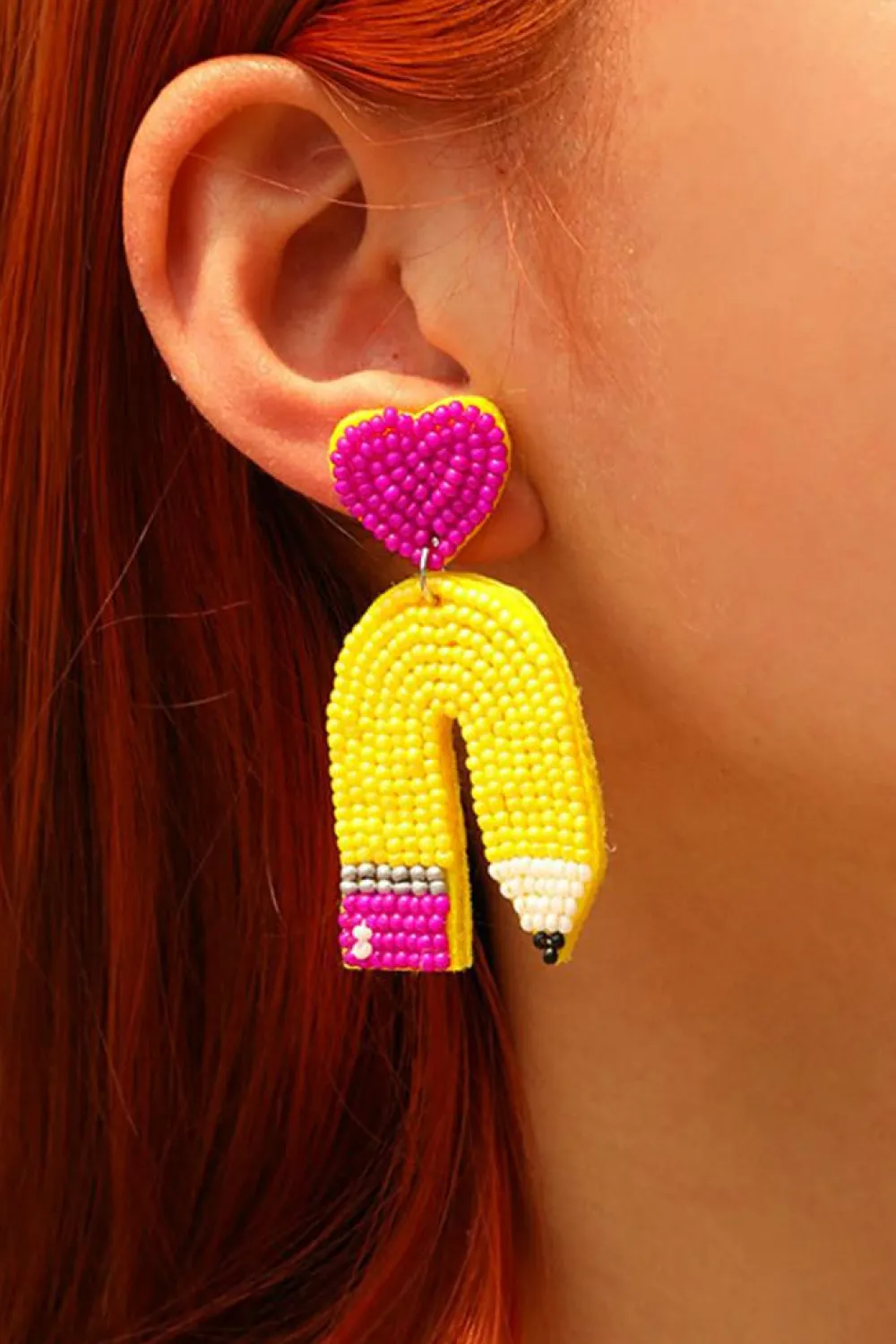 Clearance Dear-Lover Heart Shape Pencil Rice Bead Drop Earrings Yellow
