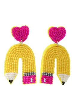 Clearance Dear-Lover Heart Shape Pencil Rice Bead Drop Earrings Yellow