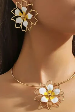Hot Dear-Lover Hollow Out Flower Shape Plated Earrings and Choker Set Yellow
