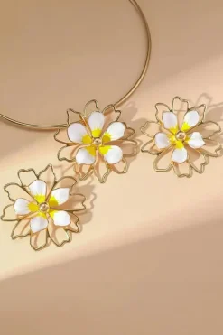 Hot Dear-Lover Hollow Out Flower Shape Plated Earrings and Choker Set Yellow