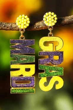 Fashion Dear-Lover MARDI GRAS Shiny Letter Pendant Earrings Yellow