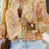 Discount Dear-Lover Paisley Print Ruffled Trim Boho Shirt Yellow