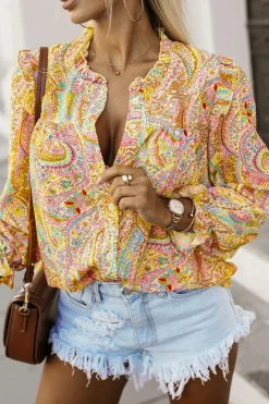 Discount Dear-Lover Paisley Print Ruffled Trim Boho Shirt Yellow