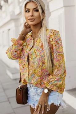 Discount Dear-Lover Paisley Print Ruffled Trim Boho Shirt Yellow