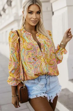 Discount Dear-Lover Paisley Print Ruffled Trim Boho Shirt Yellow