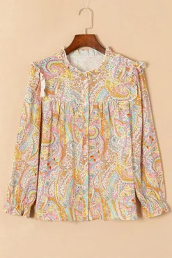 Discount Dear-Lover Paisley Print Ruffled Trim Boho Shirt Yellow