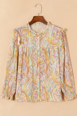Discount Dear-Lover Paisley Print Ruffled Trim Boho Shirt Yellow