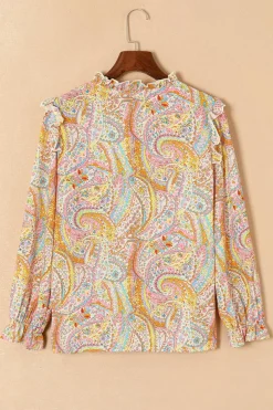 Discount Dear-Lover Paisley Print Ruffled Trim Boho Shirt Yellow