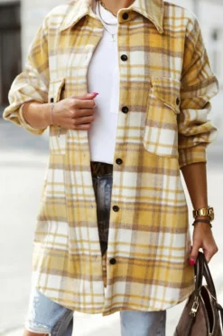 Fashion Dear-Lover Plaid Flap Pocket Long Sleeve Shacket Yellow