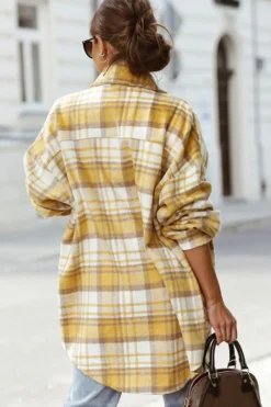 Fashion Dear-Lover Plaid Flap Pocket Long Sleeve Shacket Yellow