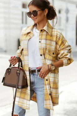 Fashion Dear-Lover Plaid Flap Pocket Long Sleeve Shacket Yellow