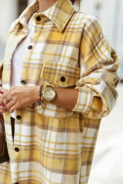 Fashion Dear-Lover Plaid Flap Pocket Long Sleeve Shacket Yellow