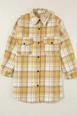 Fashion Dear-Lover Plaid Flap Pocket Long Sleeve Shacket Yellow