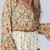 Outlet Dear-Lover Floral Bell Sleeve V Neck Wrapped Contrast Peplum Blouse Yellow Printed