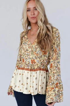 Outlet Dear-Lover Floral Bell Sleeve V Neck Wrapped Contrast Peplum Blouse Yellow Printed