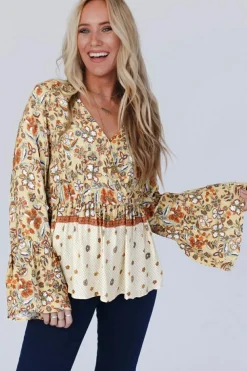 Outlet Dear-Lover Floral Bell Sleeve V Neck Wrapped Contrast Peplum Blouse Yellow Printed