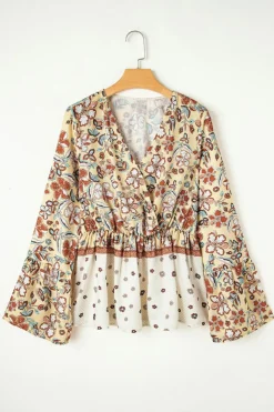 Outlet Dear-Lover Floral Bell Sleeve V Neck Wrapped Contrast Peplum Blouse Yellow Printed