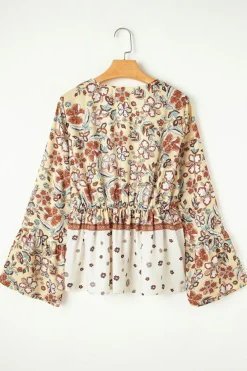 Outlet Dear-Lover Floral Bell Sleeve V Neck Wrapped Contrast Peplum Blouse Yellow Printed