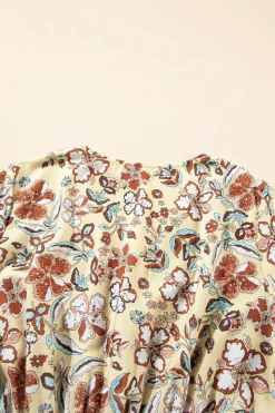 Outlet Dear-Lover Floral Bell Sleeve V Neck Wrapped Contrast Peplum Blouse Yellow Printed