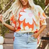 Fashion Dear-Lover Ribbed Floral Printed Shirred 3/4 Sleeve Blouse Yellow