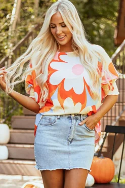Fashion Dear-Lover Ribbed Floral Printed Shirred 3/4 Sleeve Blouse Yellow