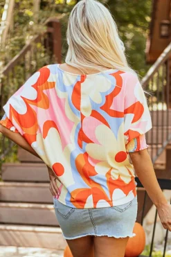 Fashion Dear-Lover Ribbed Floral Printed Shirred 3/4 Sleeve Blouse Yellow