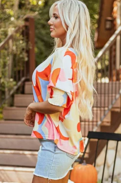 Fashion Dear-Lover Ribbed Floral Printed Shirred 3/4 Sleeve Blouse Yellow