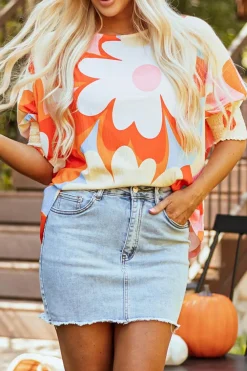 Fashion Dear-Lover Ribbed Floral Printed Shirred 3/4 Sleeve Blouse Yellow
