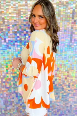 Fashion Dear-Lover Ribbed Floral Printed Shirred 3/4 Sleeve Blouse Yellow