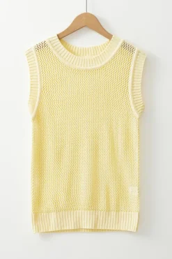 Outlet Dear-Lover Solid Color Hollowed Knit Round Neck Sweater Vest Yellow