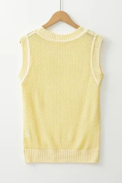 Outlet Dear-Lover Solid Color Hollowed Knit Round Neck Sweater Vest Yellow