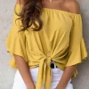 New Dear-Lover Solid Off the Shoulder Blouses Yellow