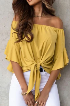 New Dear-Lover Solid Off the Shoulder Blouses Yellow