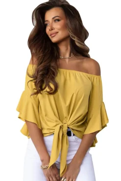 New Dear-Lover Solid Off the Shoulder Blouses Yellow