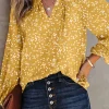 New Dear-Lover Split Neck Fall Printed Crinkled Blouse Yellow