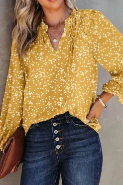 New Dear-Lover Split Neck Fall Printed Crinkled Blouse Yellow