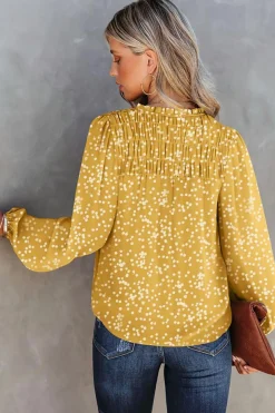 New Dear-Lover Split Neck Fall Printed Crinkled Blouse Yellow