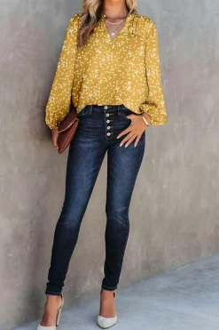 New Dear-Lover Split Neck Fall Printed Crinkled Blouse Yellow