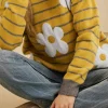 Fashion Dear-Lover Daisy Floral Knitted Round Neck Sweater Yellow Stripe