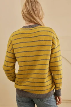 Fashion Dear-Lover Daisy Floral Knitted Round Neck Sweater Yellow Stripe