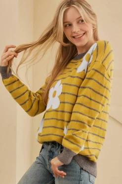 Fashion Dear-Lover Daisy Floral Knitted Round Neck Sweater Yellow Stripe