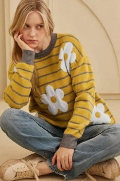 Fashion Dear-Lover Daisy Floral Knitted Round Neck Sweater Yellow Stripe