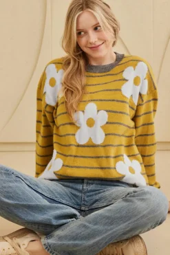 Fashion Dear-Lover Daisy Floral Knitted Round Neck Sweater Yellow Stripe