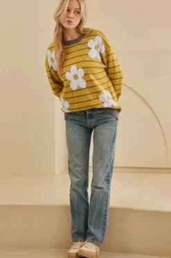 Fashion Dear-Lover Daisy Floral Knitted Round Neck Sweater Yellow Stripe
