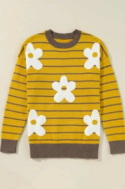 Fashion Dear-Lover Daisy Floral Knitted Round Neck Sweater Yellow Stripe