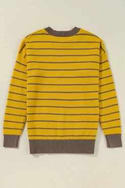 Fashion Dear-Lover Daisy Floral Knitted Round Neck Sweater Yellow Stripe