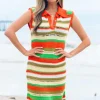 Best Dear-Lover Eyelet Sleeveless Buttoned Split Neck Sweater Dress Yellow Stripe